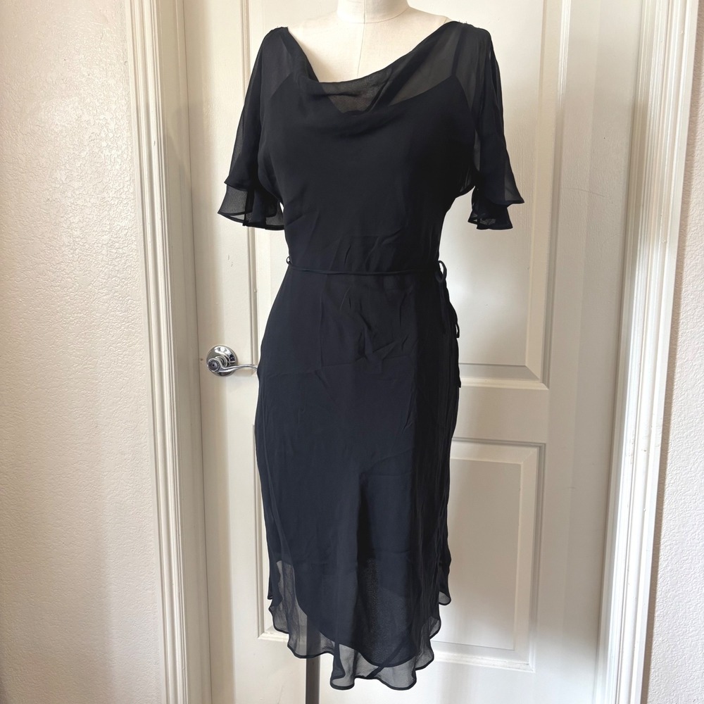 Express Black 100% Silk Cowl Neck Flutter Sleeve Fairy Sheer Overlay Dress 1/2